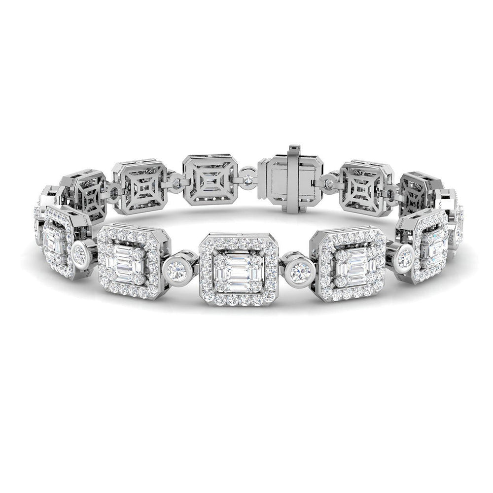 Emerald-cut and round diamond halo tennis bracelet with box clasp