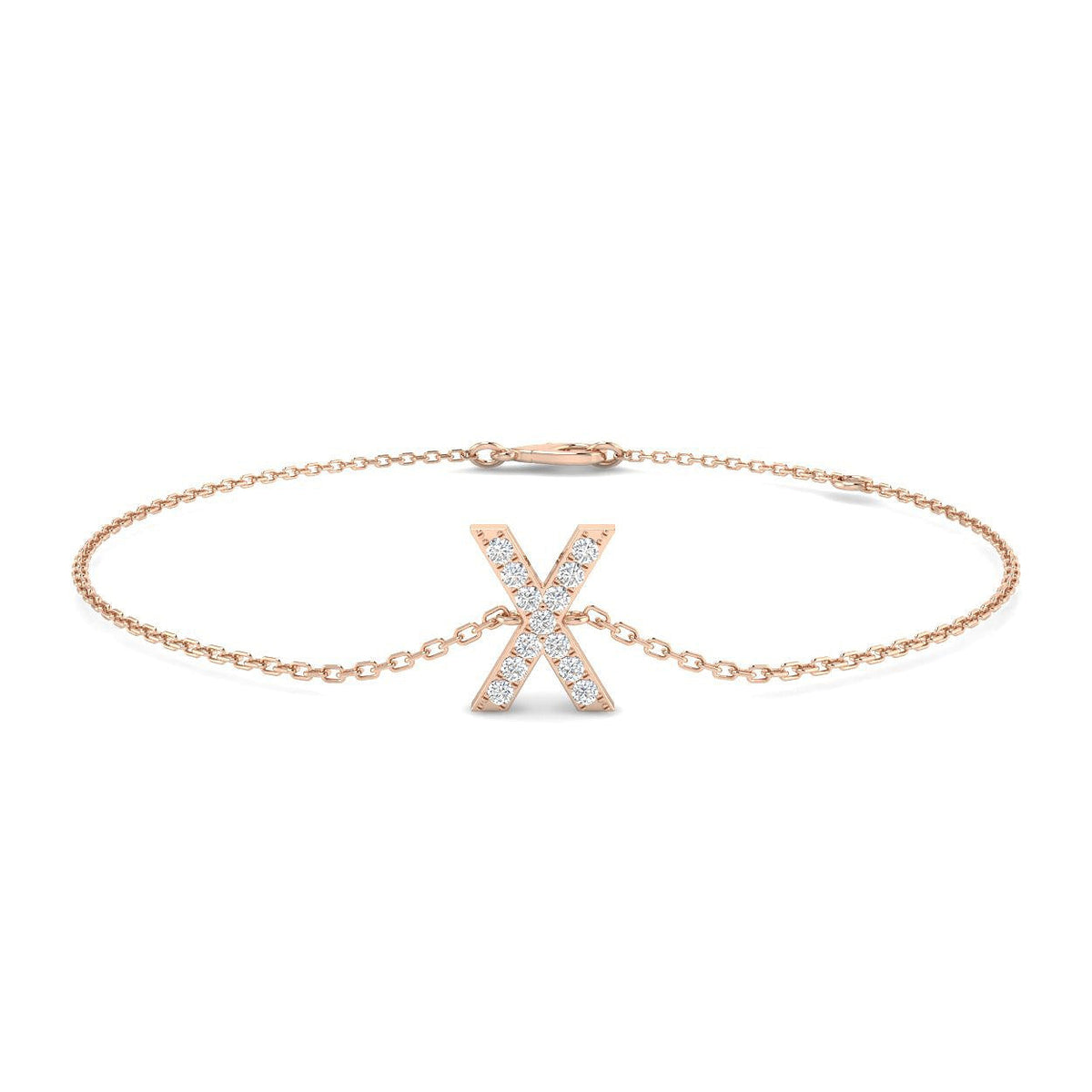 Alphabet X Letter Pave Set Lab Grown Round Diamond Bracelet with Chain in 10K/14K gold and platinum with certified lab-grown or natural diamonds