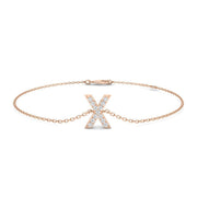 Alphabet X Letter Pave Set Lab Grown Round Diamond Bracelet with Chain in 10K/14K gold and platinum with certified lab-grown or natural diamonds