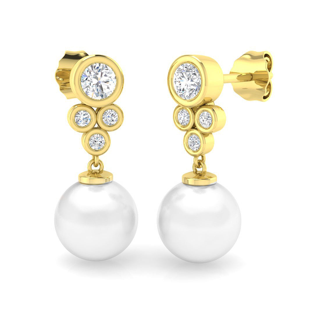 Round Pearl Diamond Drop Earrings with Bezel Set Diamonds & Push Back in 10K/14K gold and platinum with certified lab-grown or natural diamonds