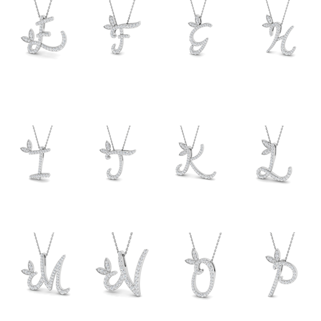 Paved Initial Diamond Pendant with Leaf Design in 10K/14K gold and platinum with certified lab-grown or natural diamonds