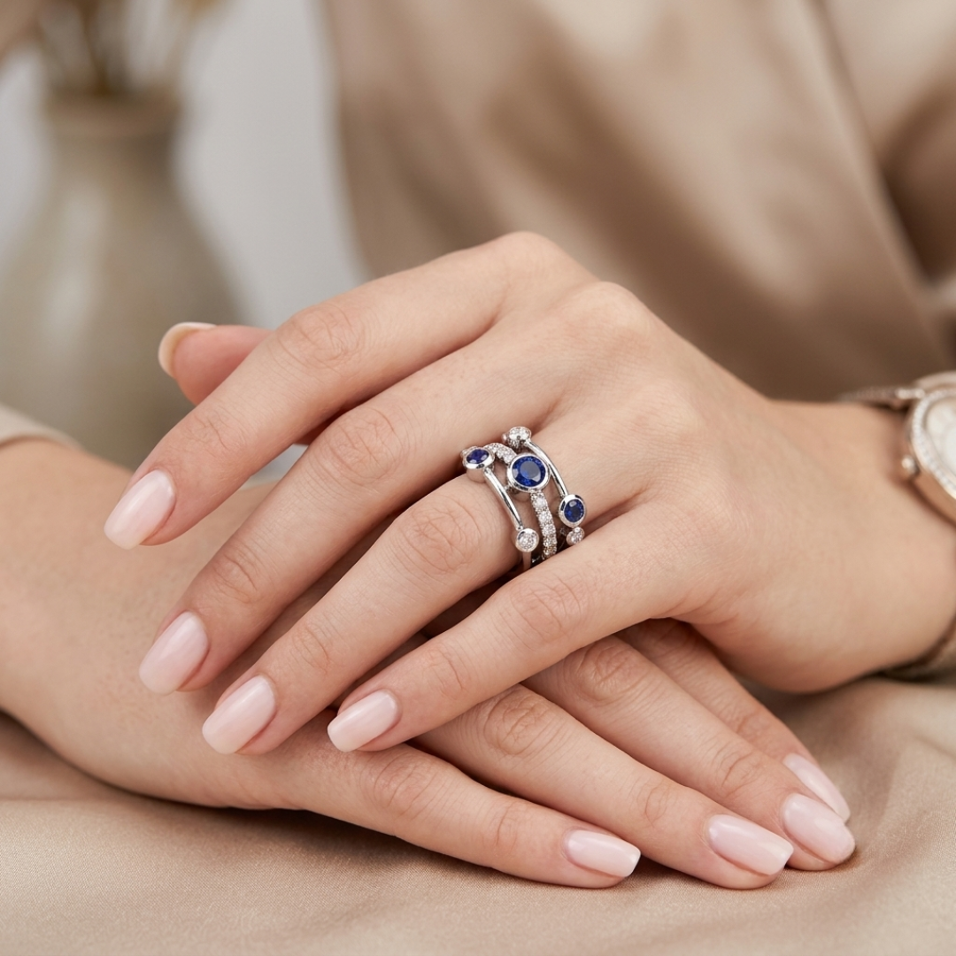 Blue Sapphire Diamond Bubble Ring in 10K/14K gold and platinum with certified lab-grown or natural diamonds