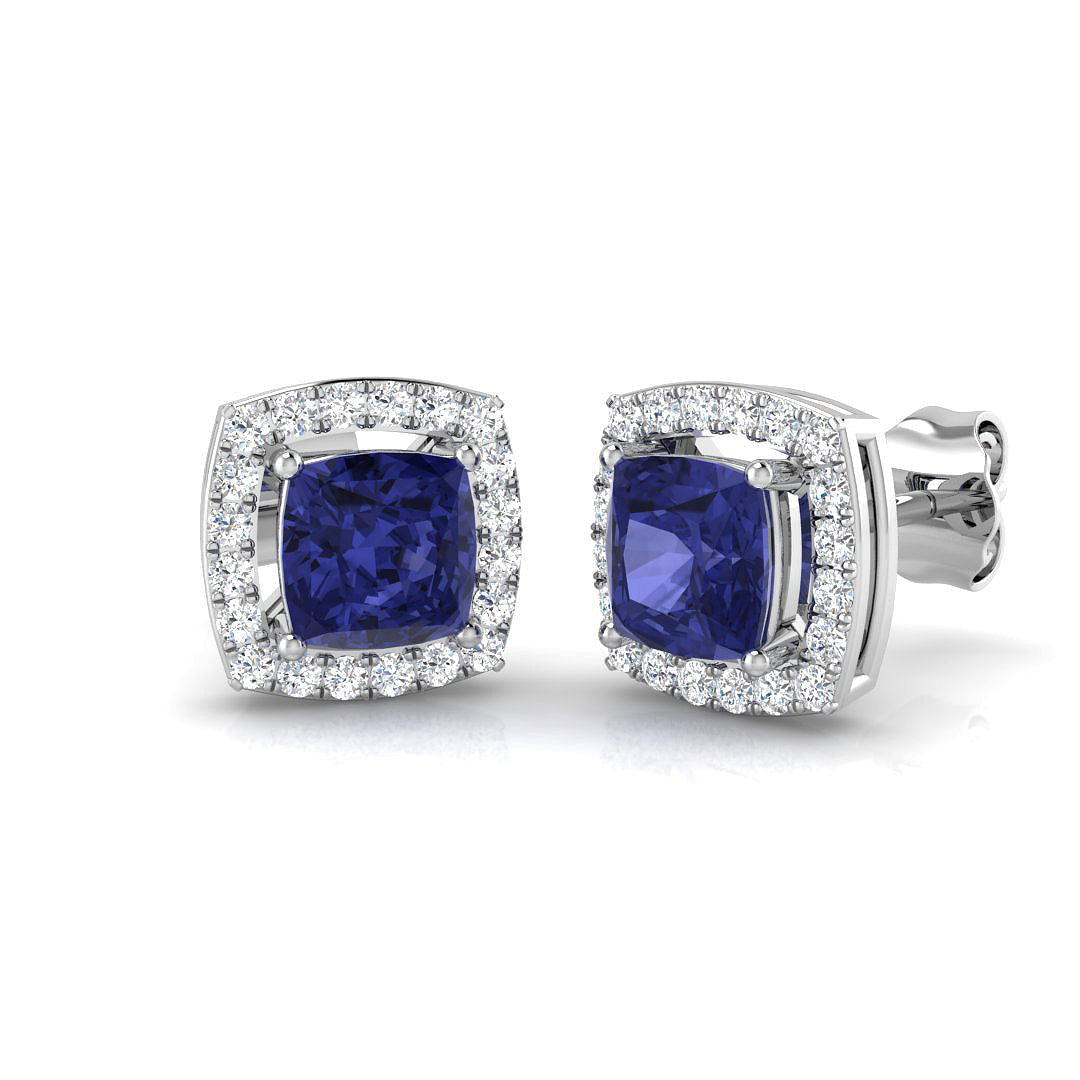 Cushion Tanzanite Halo Stud Earrings - Elegant Luxury Jewelry in 10K/14K gold and platinum with certified lab-grown or natural diamonds