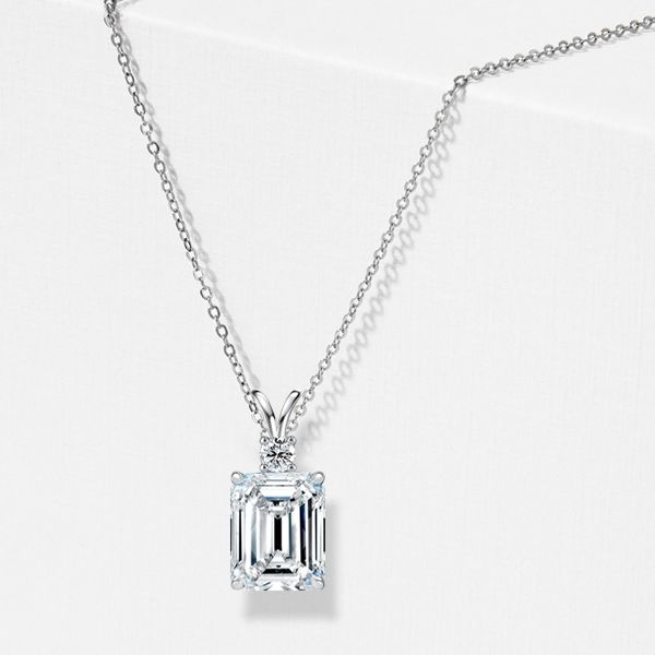 Emerald-Cut Lab-Grown Diamond Solitaire Pendant with Accent (Without chain) in 10K/14K gold and platinum with certified lab-grown or natural diamonds