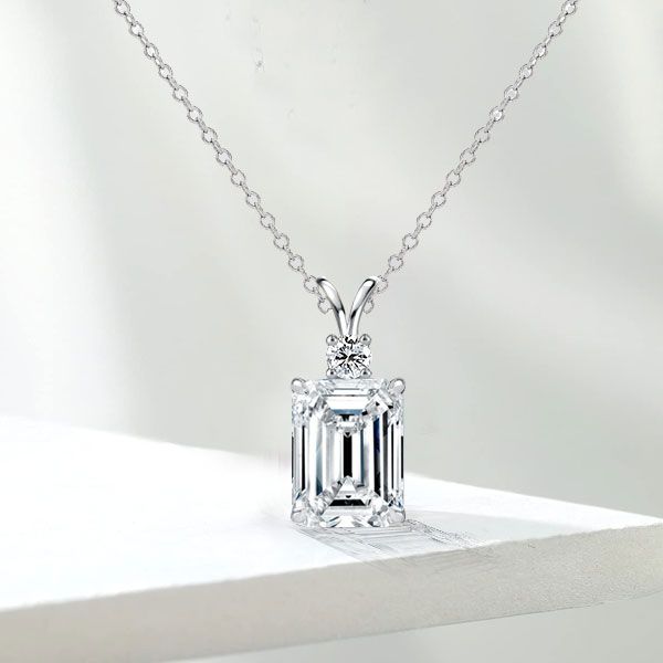 Emerald-Cut Lab-Grown Diamond Solitaire Pendant with Accent (Without chain) in 10K/14K gold and platinum with certified lab-grown or natural diamonds