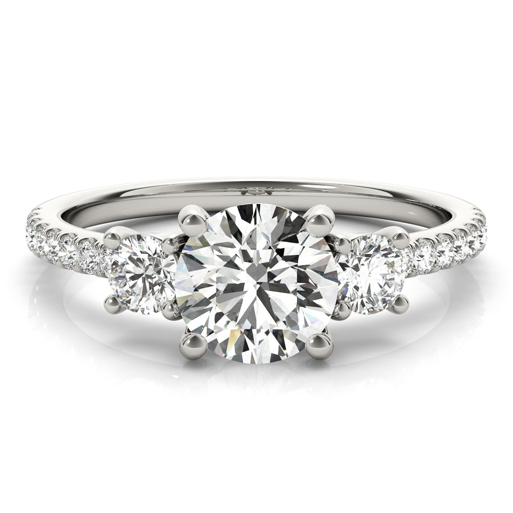 Round Three-Stone Pavé Side Diamond Engagement Ring in 10K/14K gold and platinum with certified lab-grown or natural diamonds