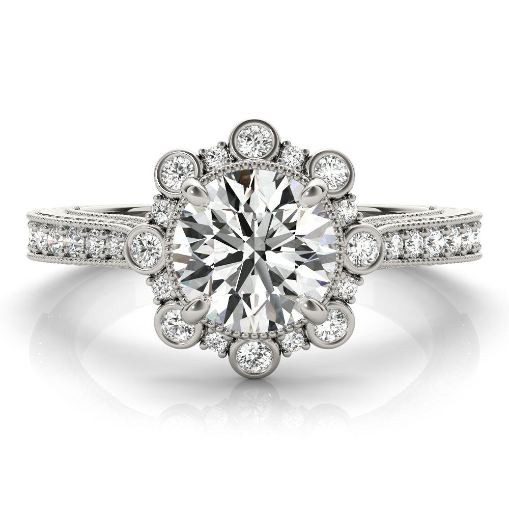Crowned Halo Round Diamond Engagement Ring in 10K/14K gold and platinum with certified lab-grown or natural diamonds