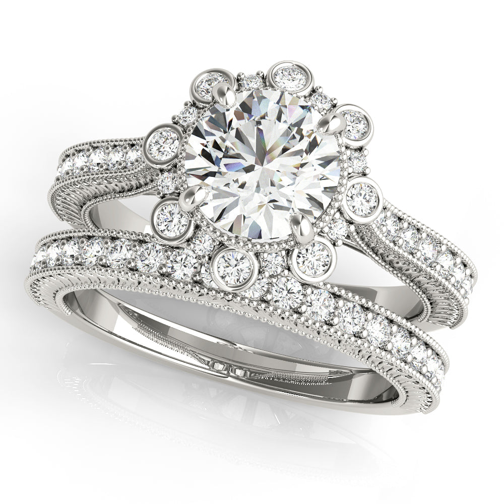 Crowned Halo Round Diamond Engagement Ring in 10K/14K gold and platinum with certified lab-grown or natural diamonds
