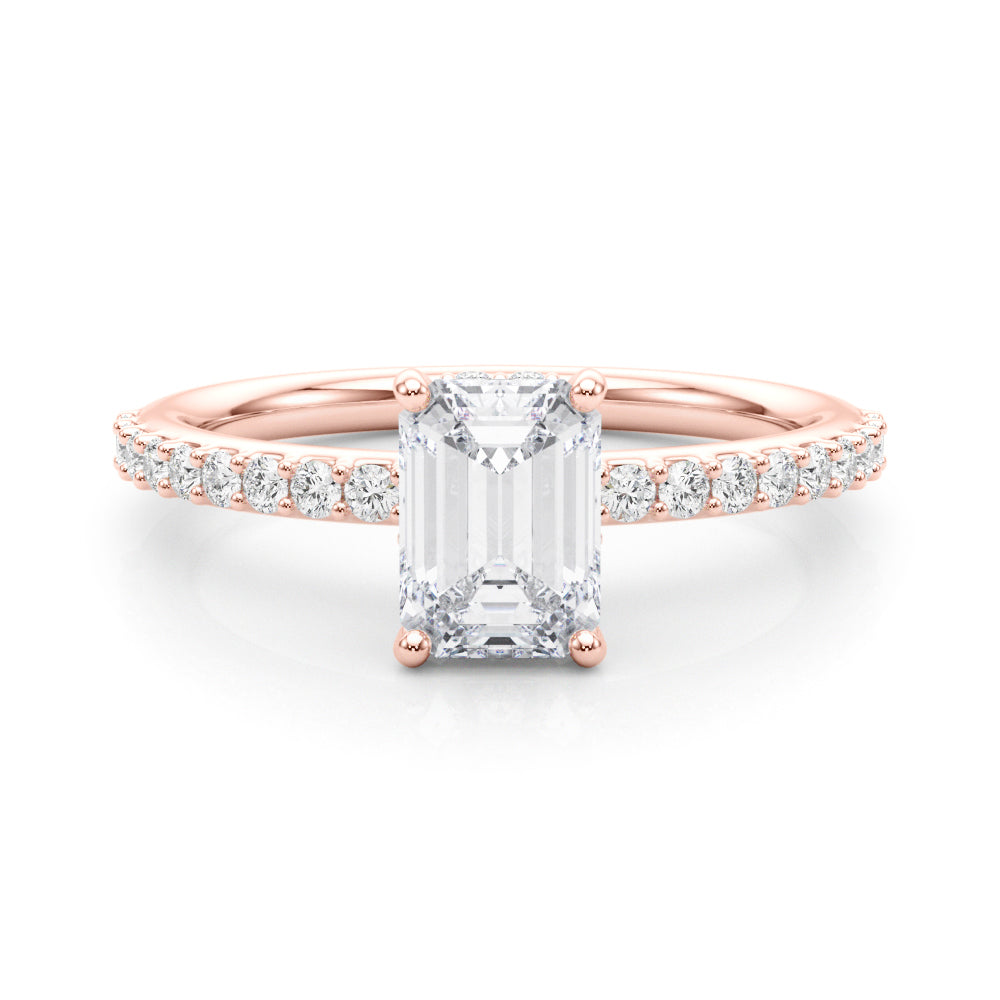 Elegant Hidden Halo Ec Single Row Shared Pr Emerald Diamond Engagement Ring in 10K/14K gold and platinum with certified lab-grown or natural diamonds