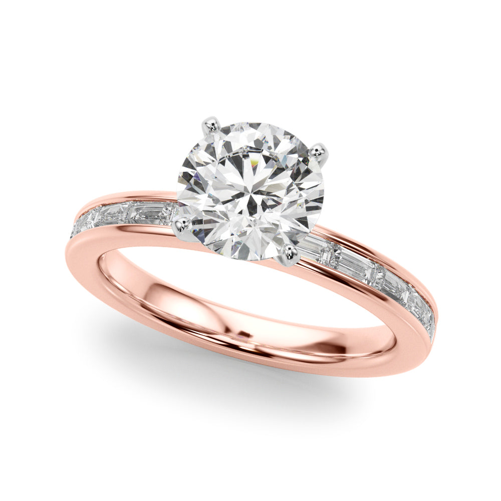 Crowned Straight Baguette Channel Set Round Diamond Engagement Ring in 10K/14K gold and platinum with certified lab-grown or natural diamonds
