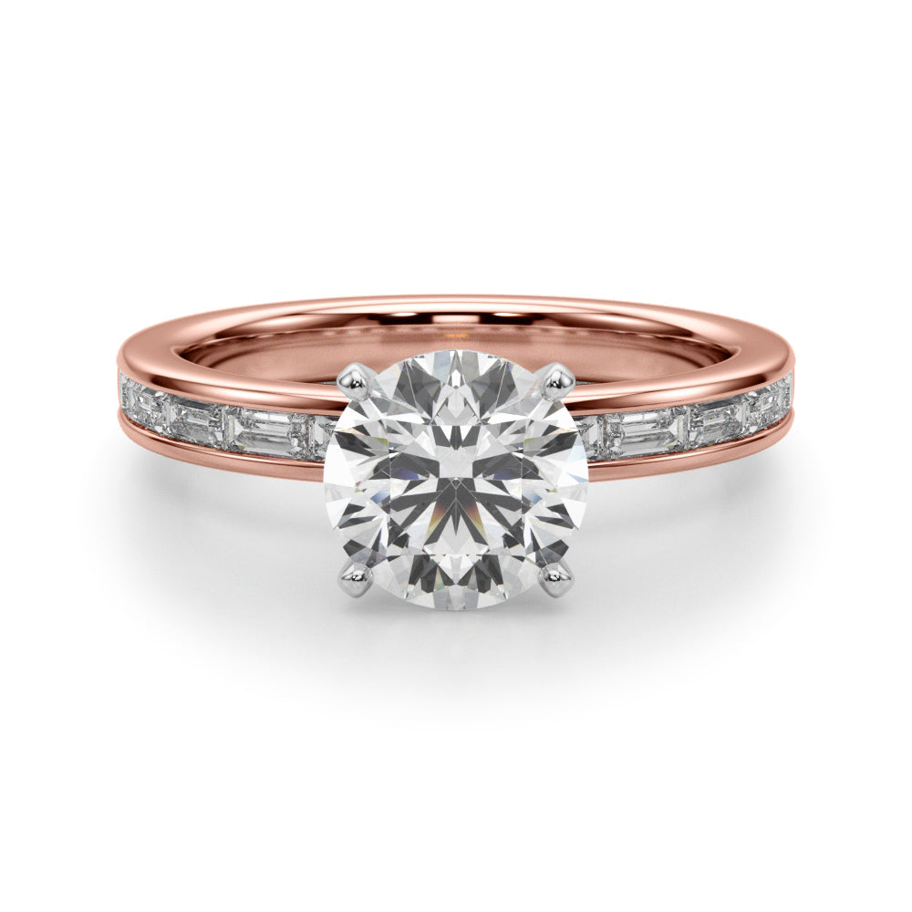 Crowned Straight Baguette Channel Set Round Diamond Engagement Ring in 10K/14K gold and platinum with certified lab-grown or natural diamonds