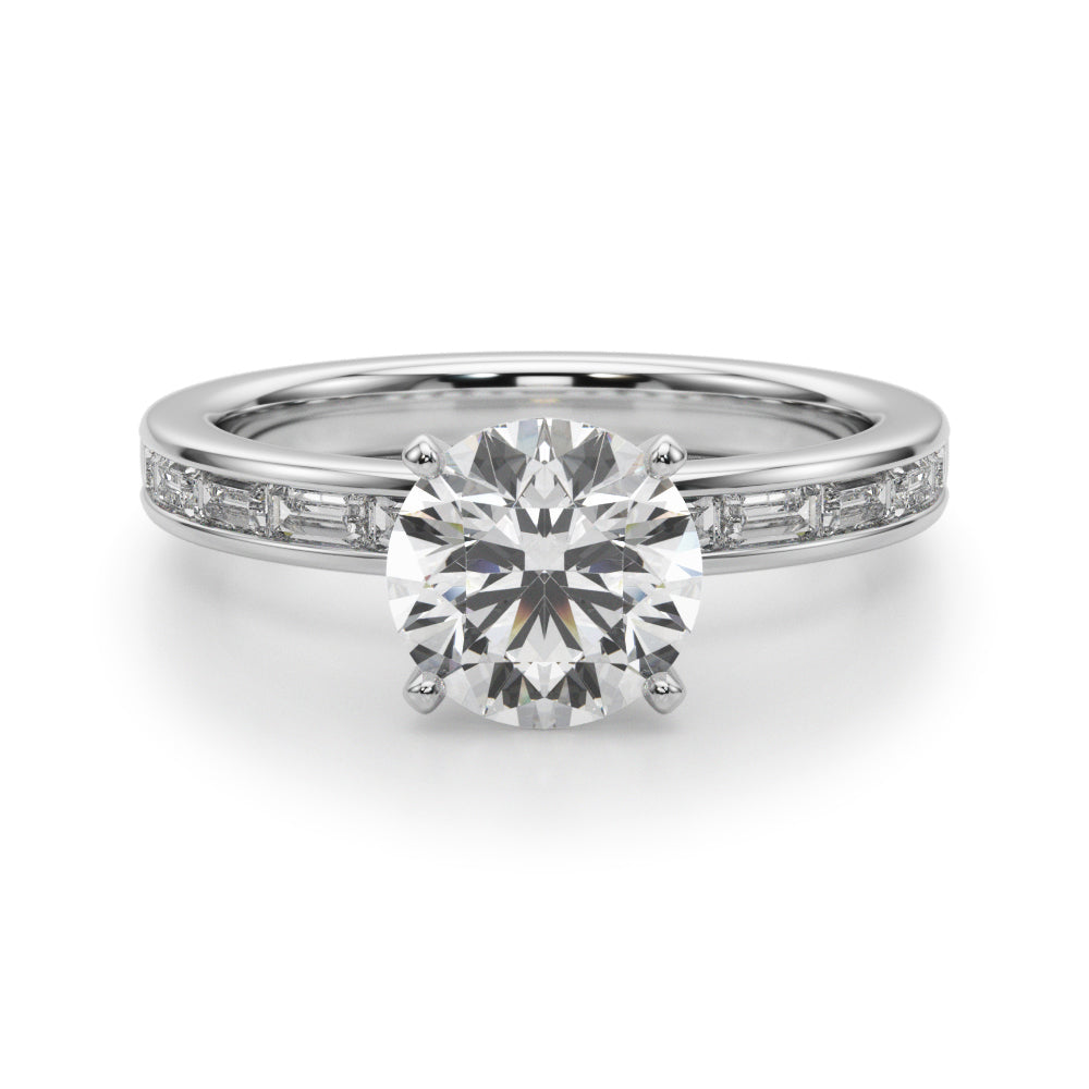 Crowned Straight Baguette Channel Set Round Diamond Engagement Ring in 10K/14K gold and platinum with certified lab-grown or natural diamonds