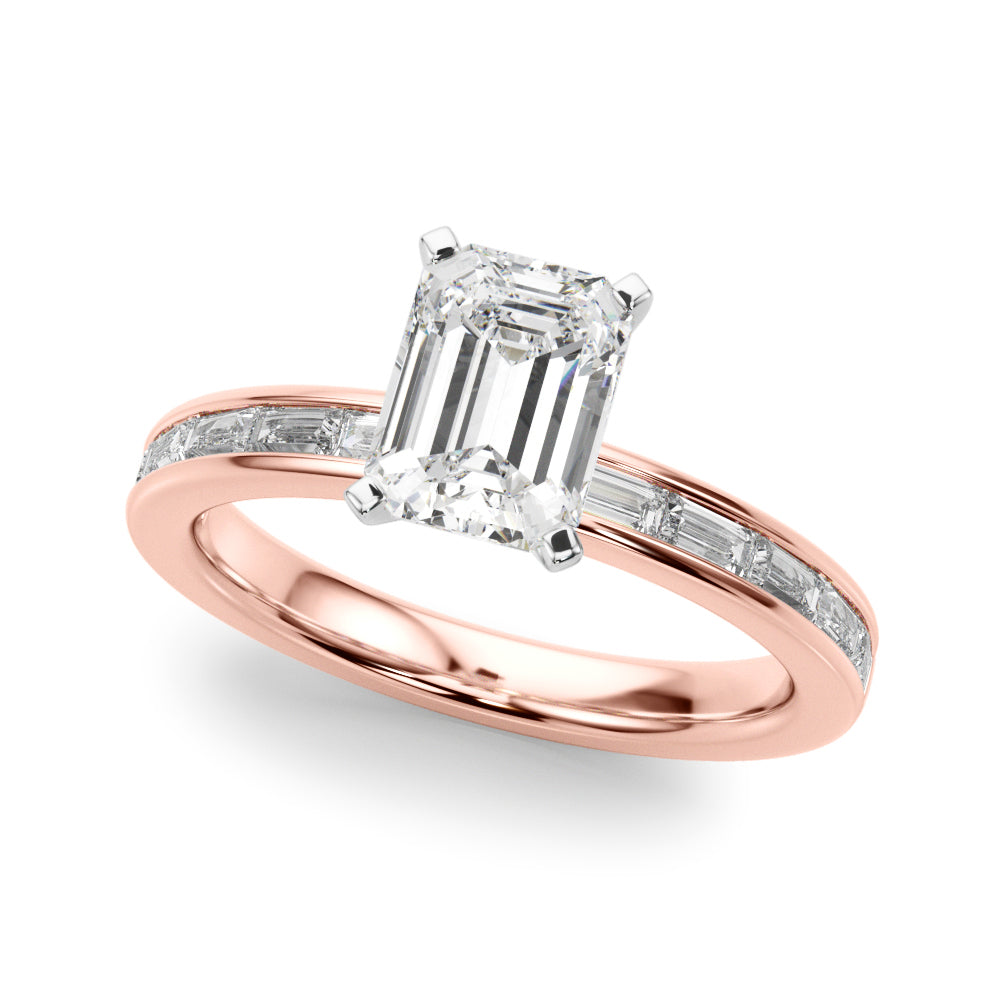Crowned Straight Baguette Channel Set Round Diamond Engagement Ring in 10K/14K gold and platinum with certified lab-grown or natural diamonds
