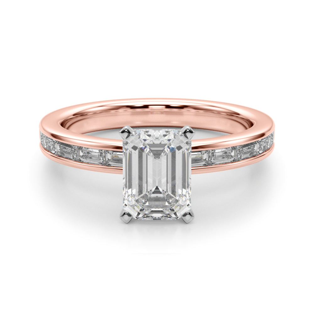 Crowned Straight Baguette Channel Set Round Diamond Engagement Ring in 10K/14K gold and platinum with certified lab-grown or natural diamonds