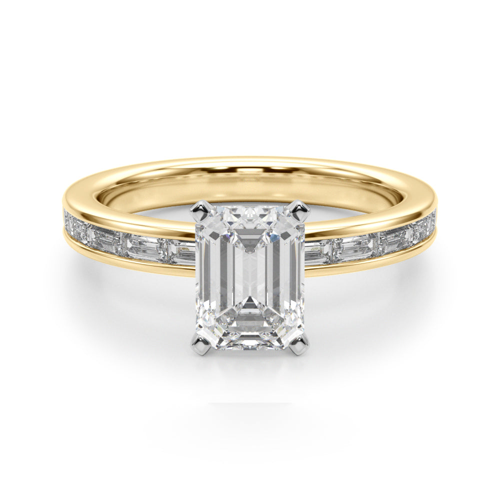 Crowned Straight Baguette Channel Set Round Diamond Engagement Ring in 10K/14K gold and platinum with certified lab-grown or natural diamonds
