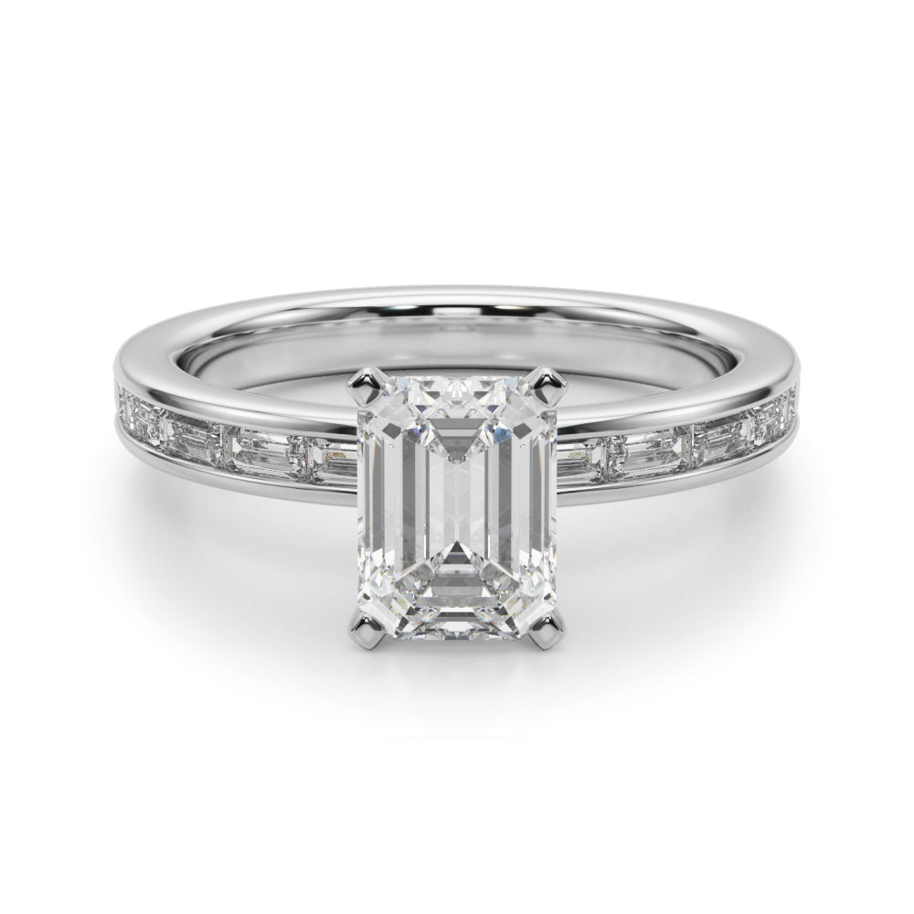 Crowned Straight Baguette Channel Set Round Diamond Engagement Ring in 10K/14K gold and platinum with certified lab-grown or natural diamonds