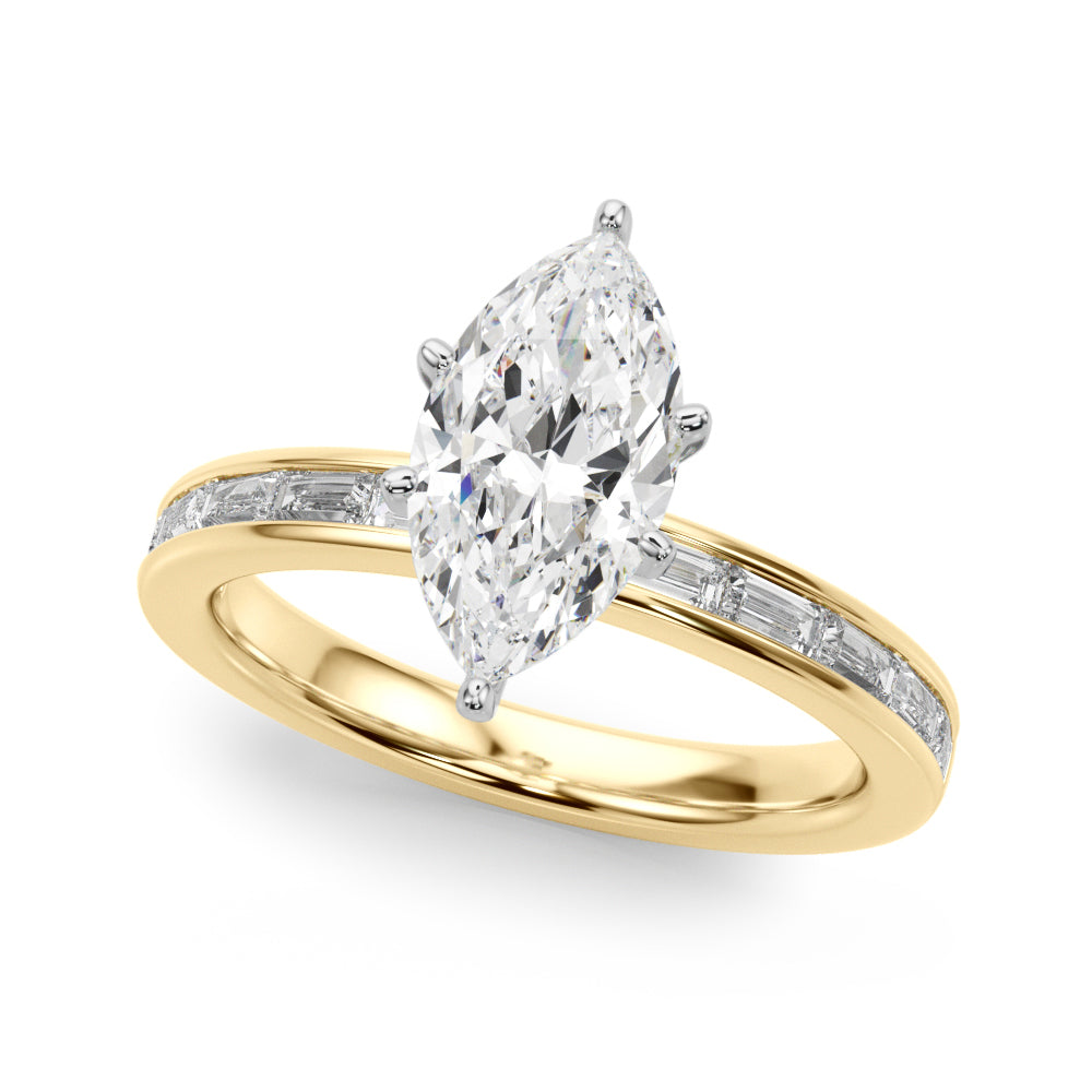 Crowned Straight Baguette Channel Set Round Diamond Engagement Ring in 10K/14K gold and platinum with certified lab-grown or natural diamonds