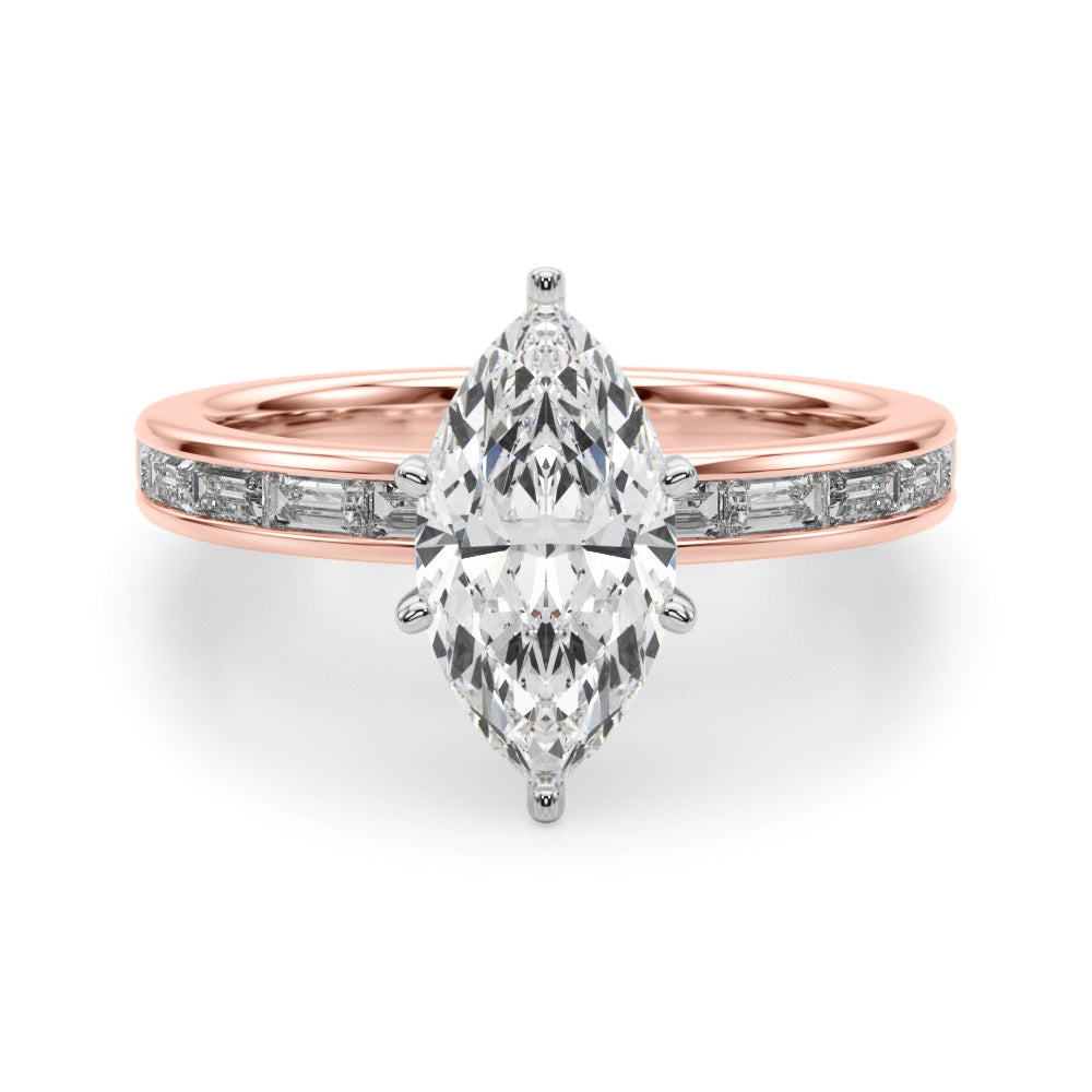 Crowned Straight Baguette Channel Set Round Diamond Engagement Ring in 10K/14K gold and platinum with certified lab-grown or natural diamonds