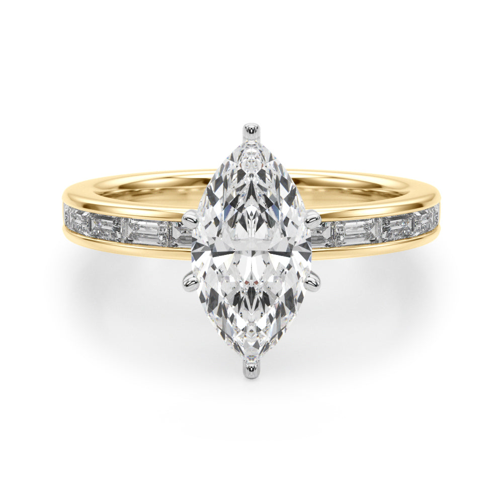 Crowned Straight Baguette Channel Set Round Diamond Engagement Ring in 10K/14K gold and platinum with certified lab-grown or natural diamonds