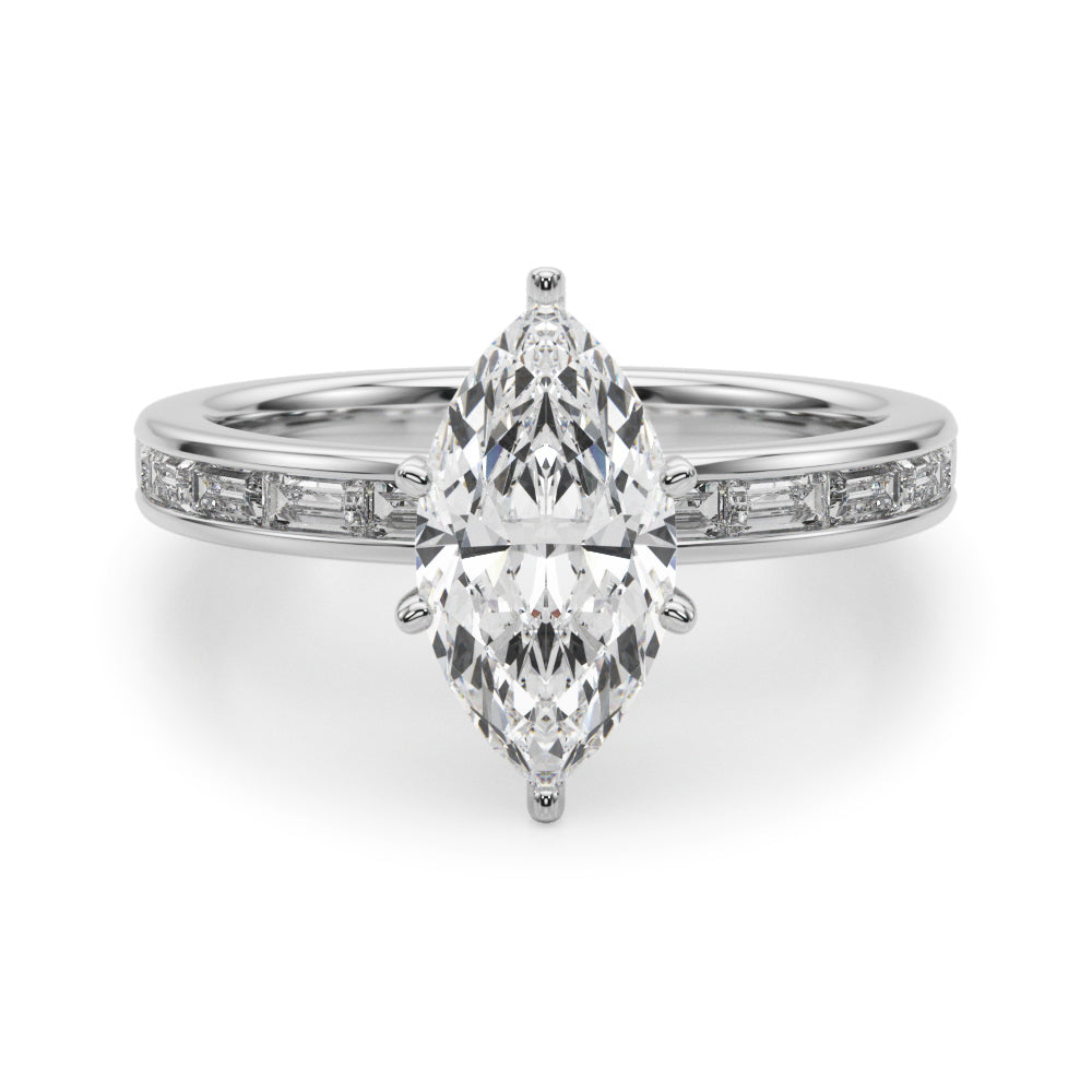 Crowned Straight Baguette Channel Set Round Diamond Engagement Ring in 10K/14K gold and platinum with certified lab-grown or natural diamonds