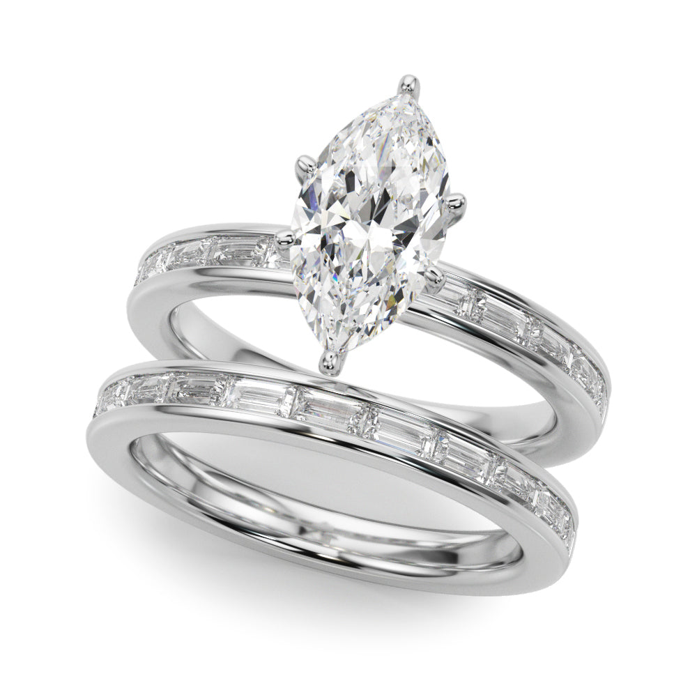 Crowned Straight Baguette Channel Set Round Diamond Engagement Ring in 10K/14K gold and platinum with certified lab-grown or natural diamonds