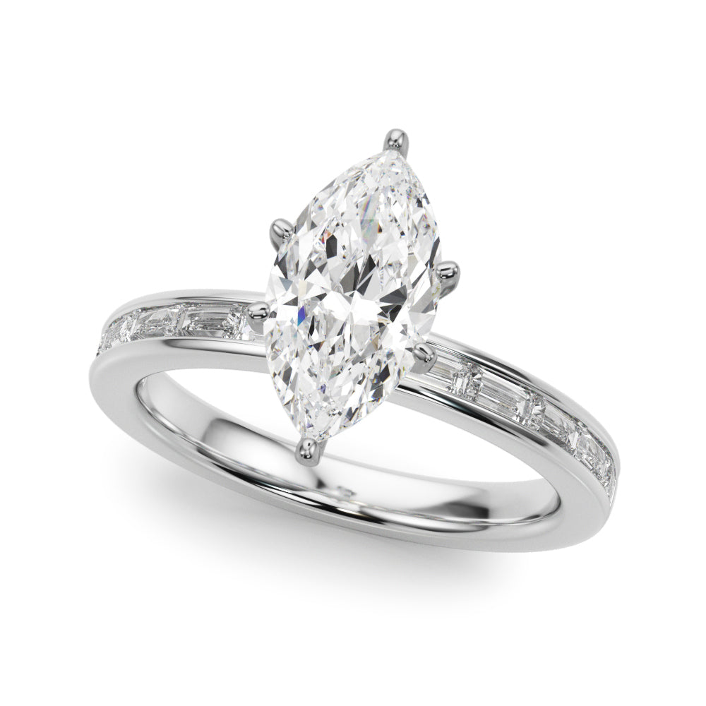 Crowned Straight Baguette Channel Set Round Diamond Engagement Ring in 10K/14K gold and platinum with certified lab-grown or natural diamonds