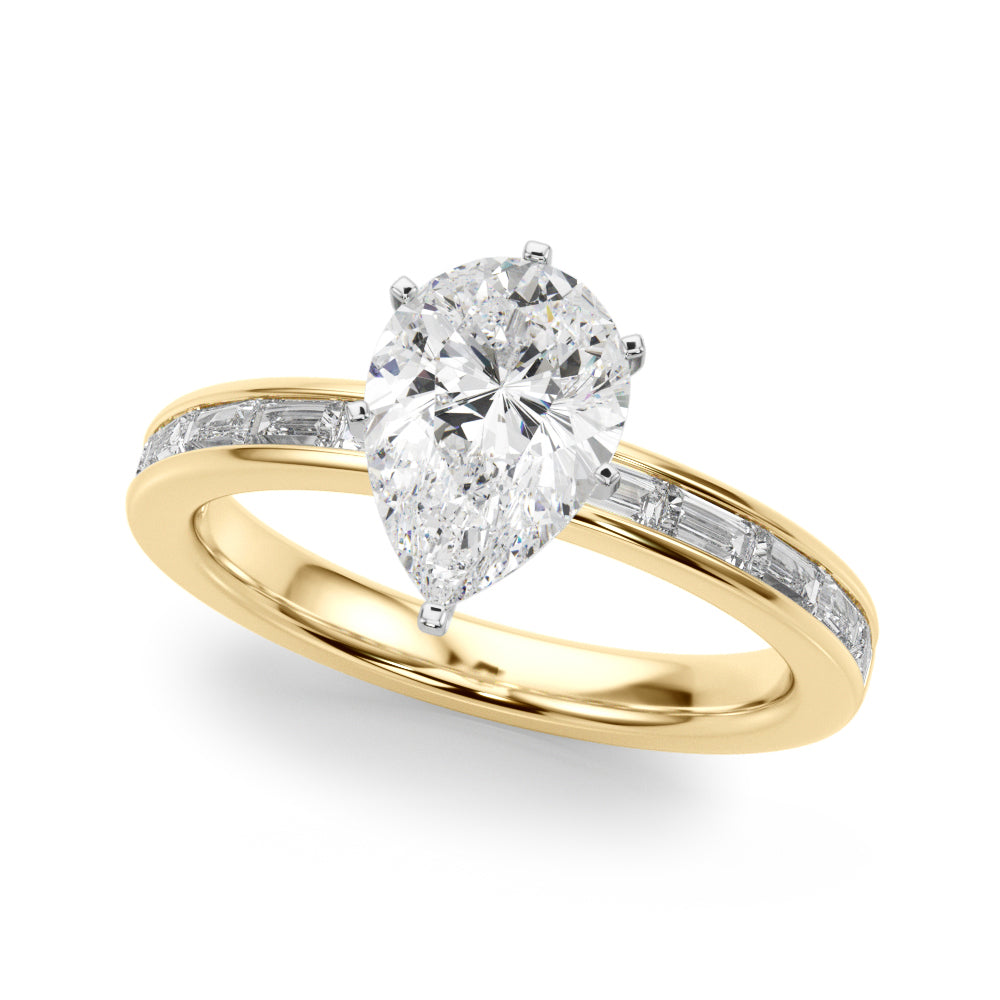 Crowned Straight Baguette Channel Set Round Diamond Engagement Ring in 10K/14K gold and platinum with certified lab-grown or natural diamonds