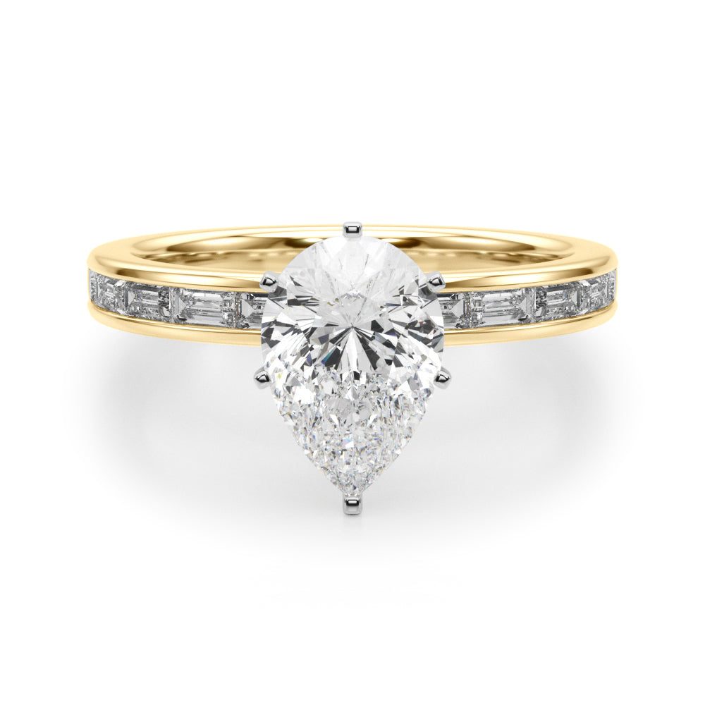 Crowned Straight Baguette Channel Set Round Diamond Engagement Ring in 10K/14K gold and platinum with certified lab-grown or natural diamonds