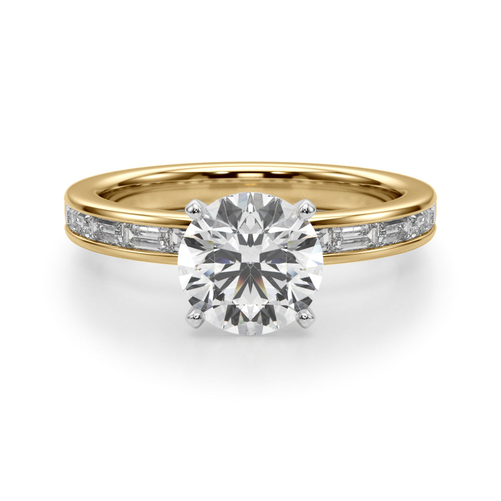 Crowned Straight Baguette Channel Set Round Diamond Engagement Ring in 10K/14K gold and platinum with certified lab-grown or natural diamonds