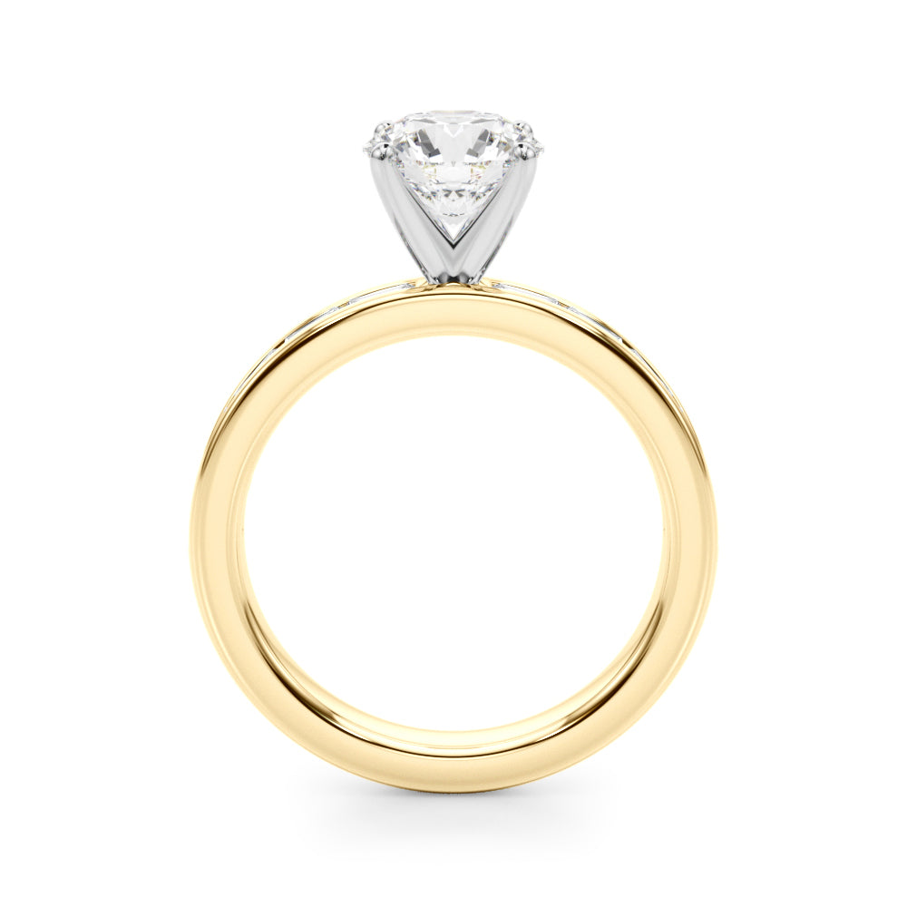 Crowned Straight Baguette Channel Set Round Diamond Engagement Ring in 10K/14K gold and platinum with certified lab-grown or natural diamonds