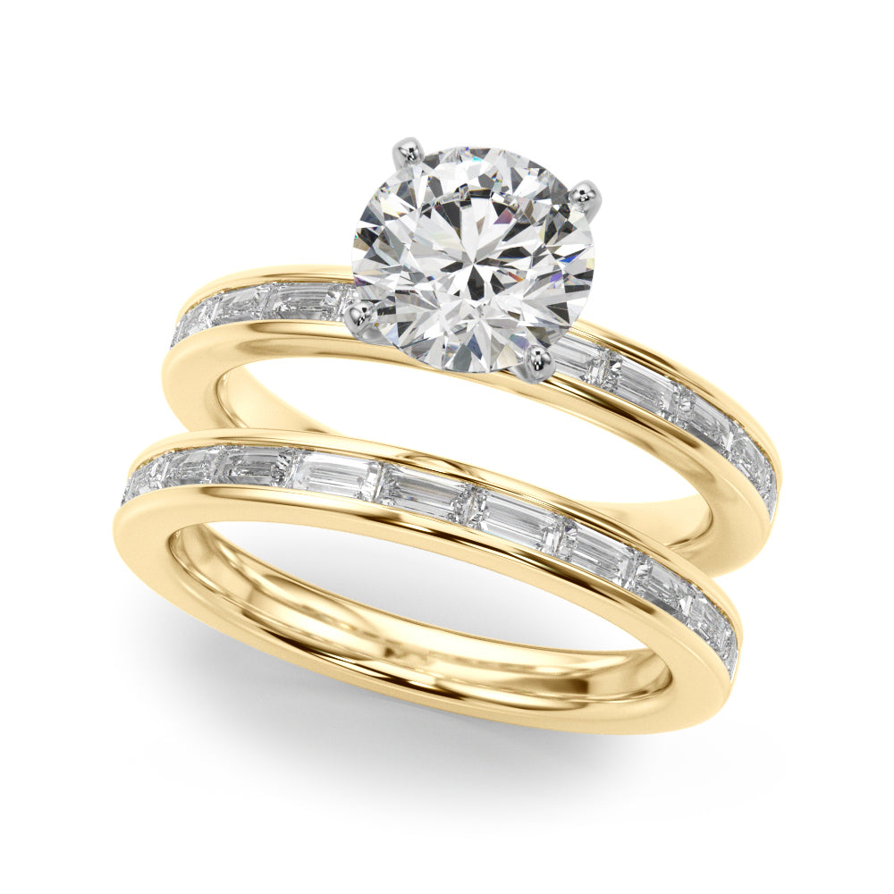 Crowned Straight Baguette Channel Set Round Diamond Engagement Ring in 10K/14K gold and platinum with certified lab-grown or natural diamonds
