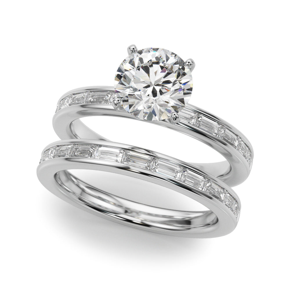 Crowned Straight Baguette Channel Set Round Diamond Engagement Ring in 10K/14K gold and platinum with certified lab-grown or natural diamonds