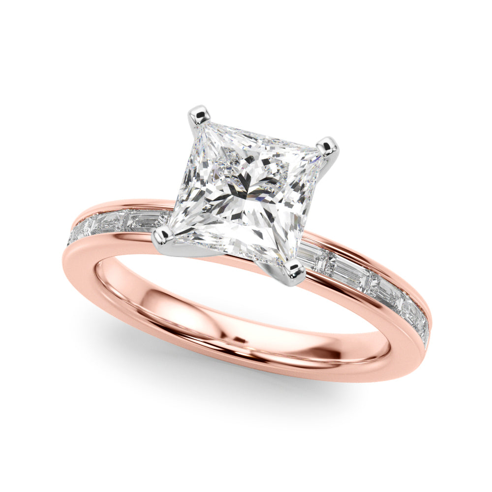 Crowned Straight Baguette Channel Set Round Diamond Engagement Ring in 10K/14K gold and platinum with certified lab-grown or natural diamonds
