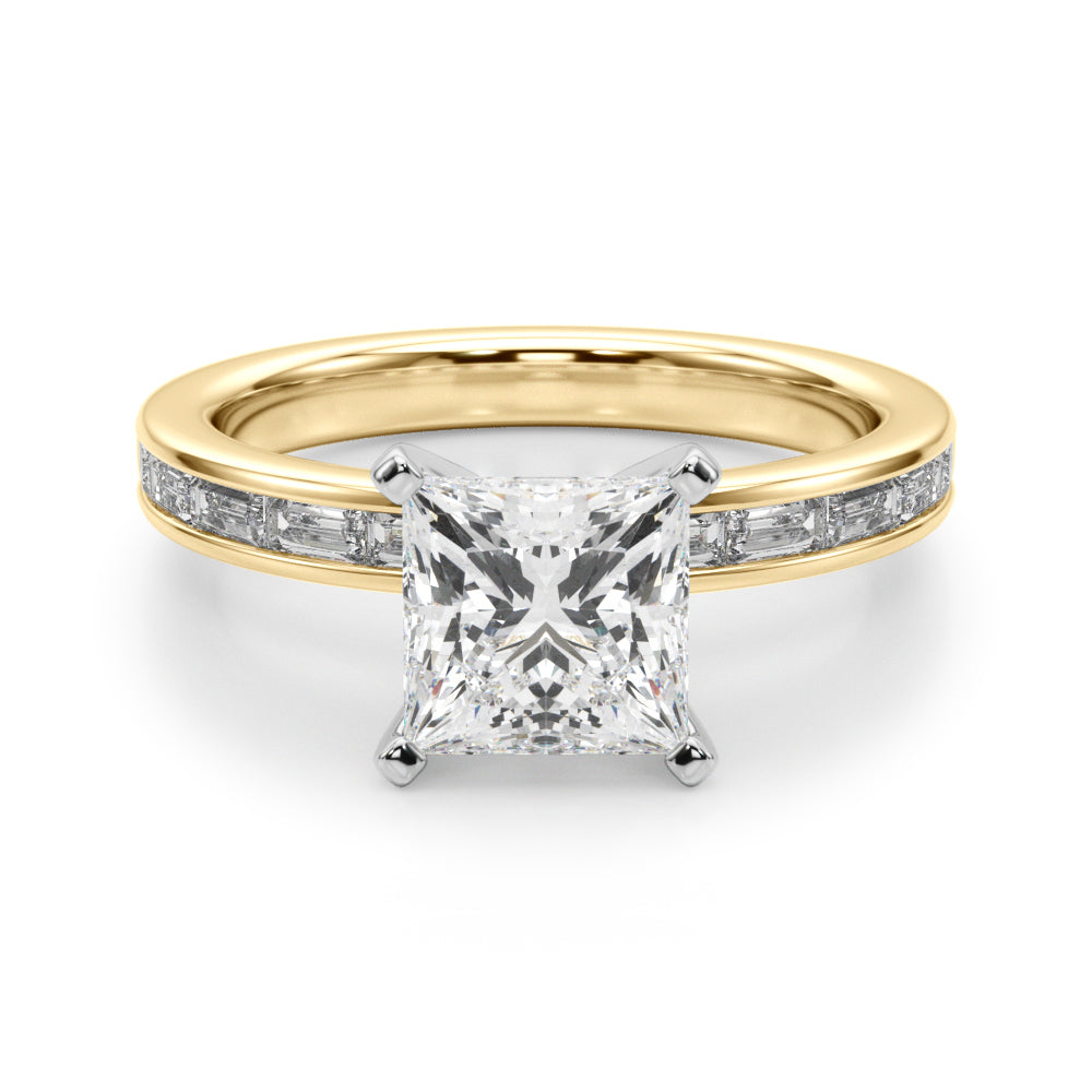 Crowned Straight Baguette Channel Set Round Diamond Engagement Ring in 10K/14K gold and platinum with certified lab-grown or natural diamonds