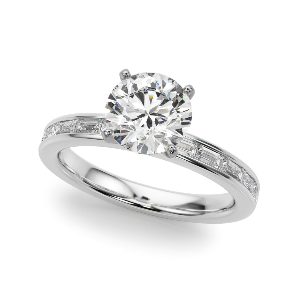 Crowned Straight Baguette Channel Set Round Diamond Engagement Ring in 10K/14K gold and platinum with certified lab-grown or natural diamonds