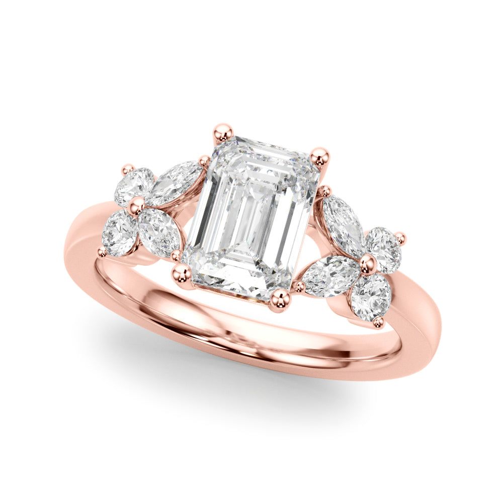 Crowned Ec Center Mq & Rd Sides Emerald Diamond Engagement Ring in 10K/14K gold and platinum with certified lab-grown or natural diamonds