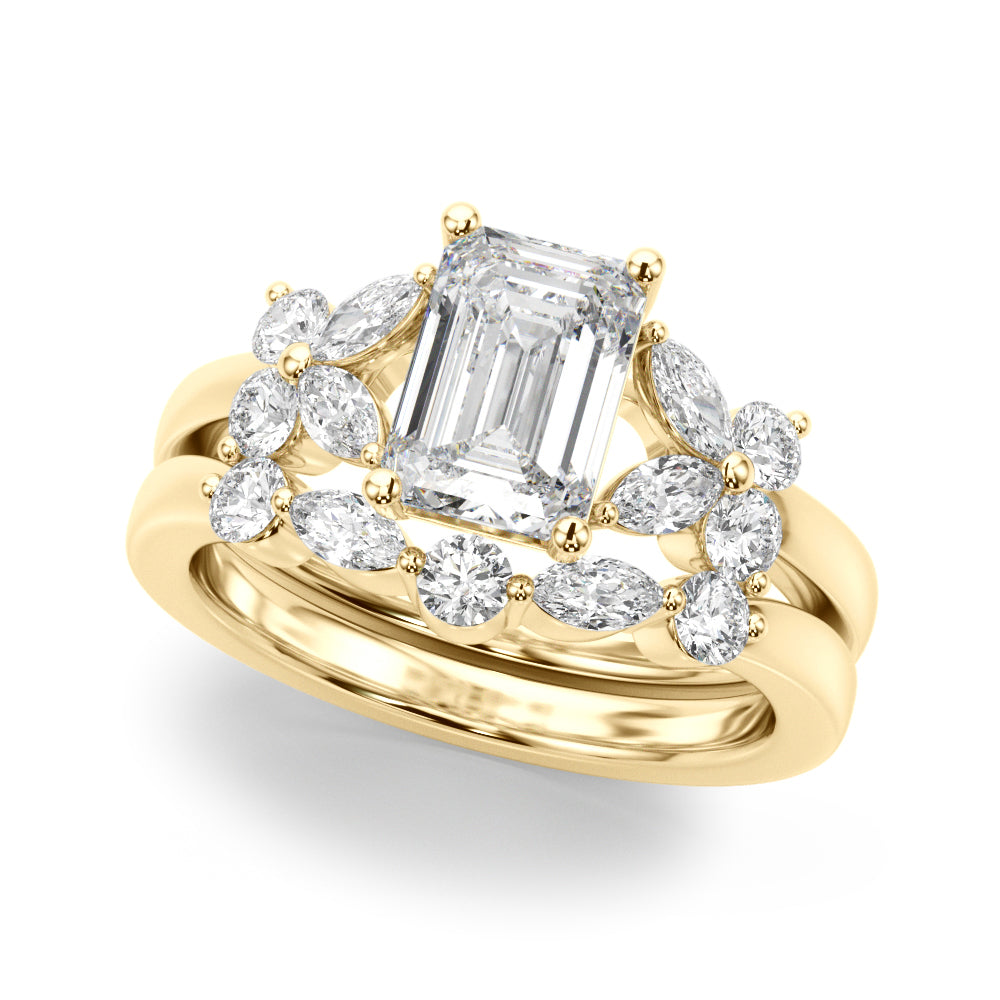 Crowned Ec Center Mq & Rd Sides Emerald Diamond Engagement Ring in 10K/14K gold and platinum with certified lab-grown or natural diamonds