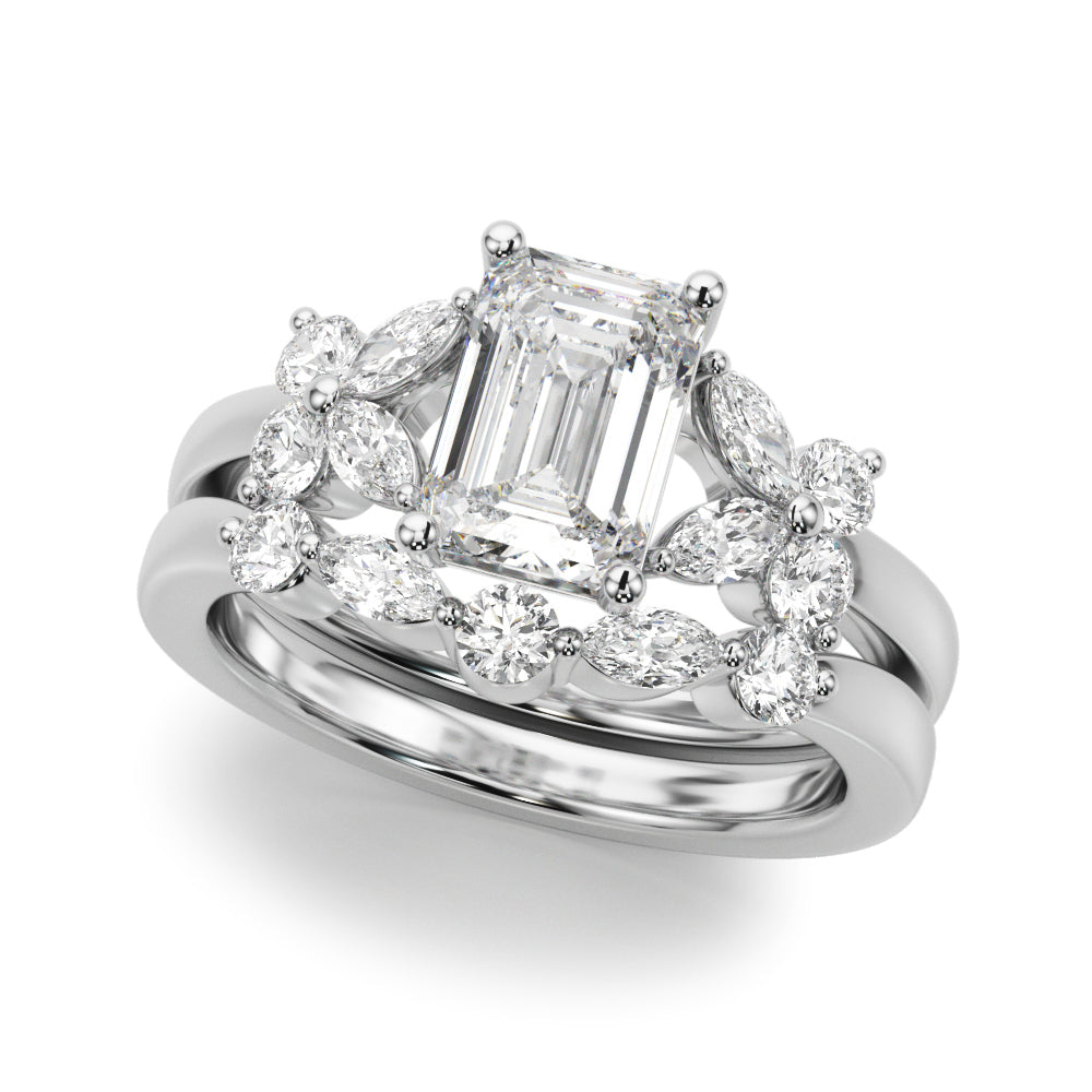 Crowned Ec Center Mq & Rd Sides Emerald Diamond Engagement Ring in 10K/14K gold and platinum with certified lab-grown or natural diamonds
