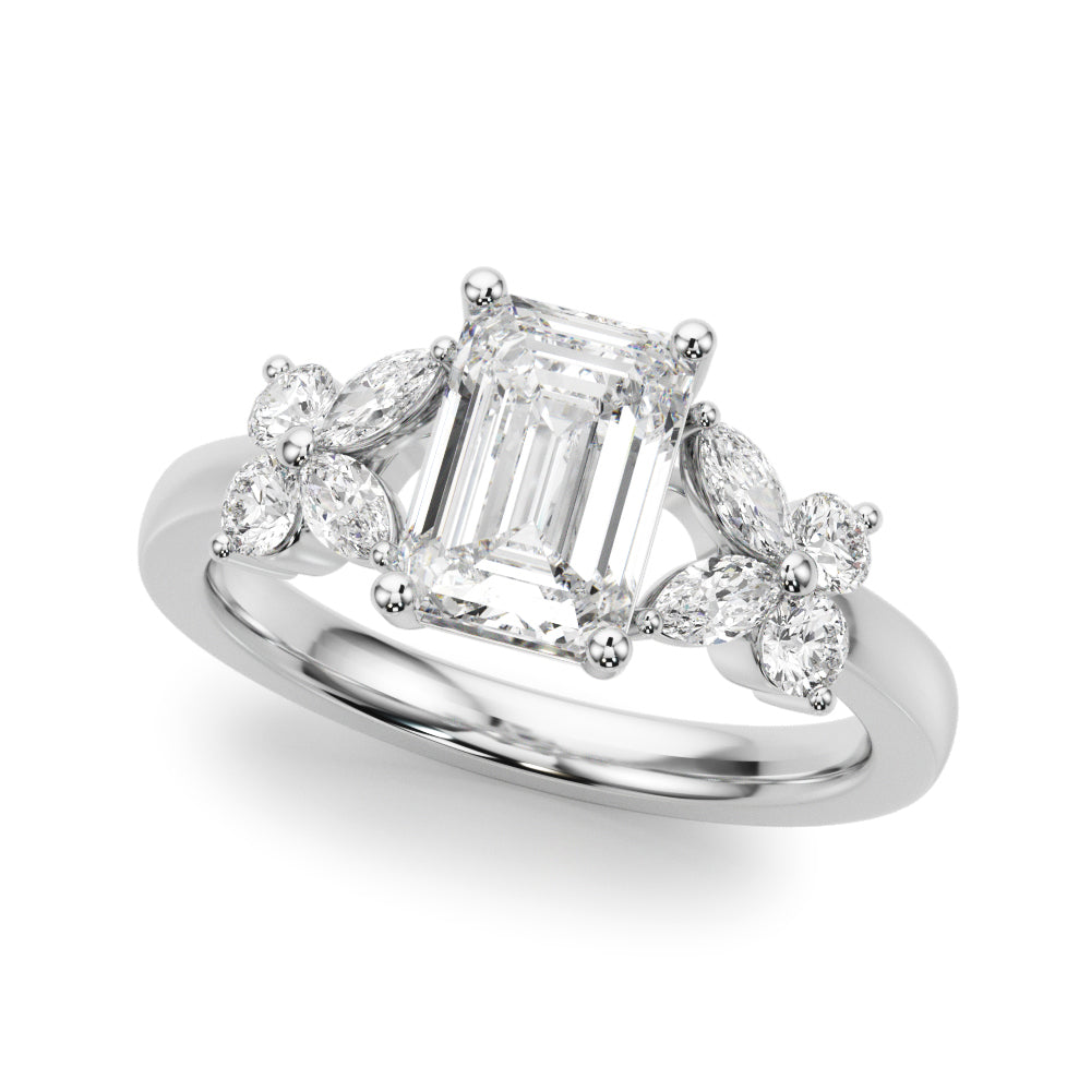 Crowned Ec Center Mq & Rd Sides Emerald Diamond Engagement Ring in 10K/14K gold and platinum with certified lab-grown or natural diamonds