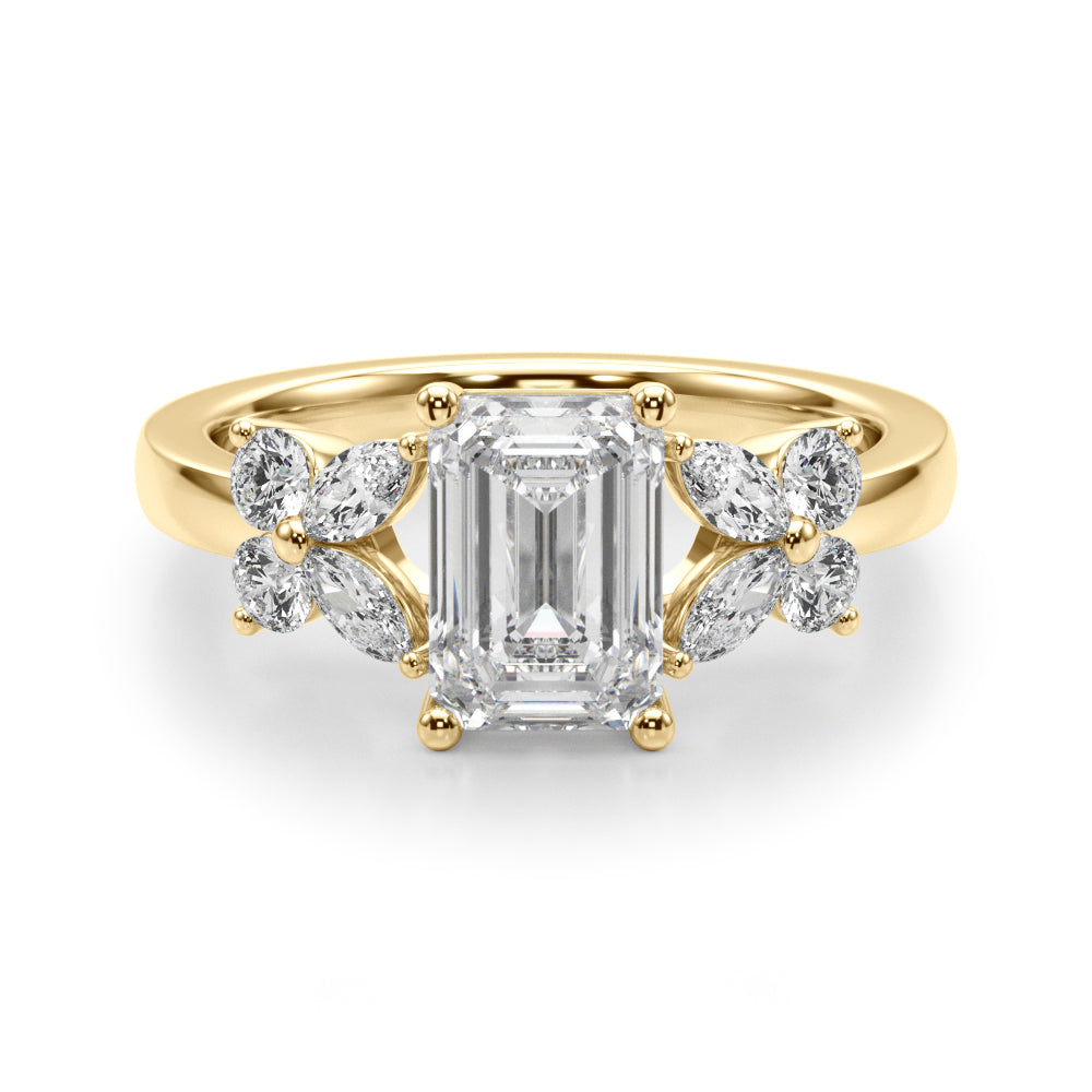 Crowned Ec Center Mq & Rd Sides Emerald Diamond Engagement Ring in 10K/14K gold and platinum with certified lab-grown or natural diamonds