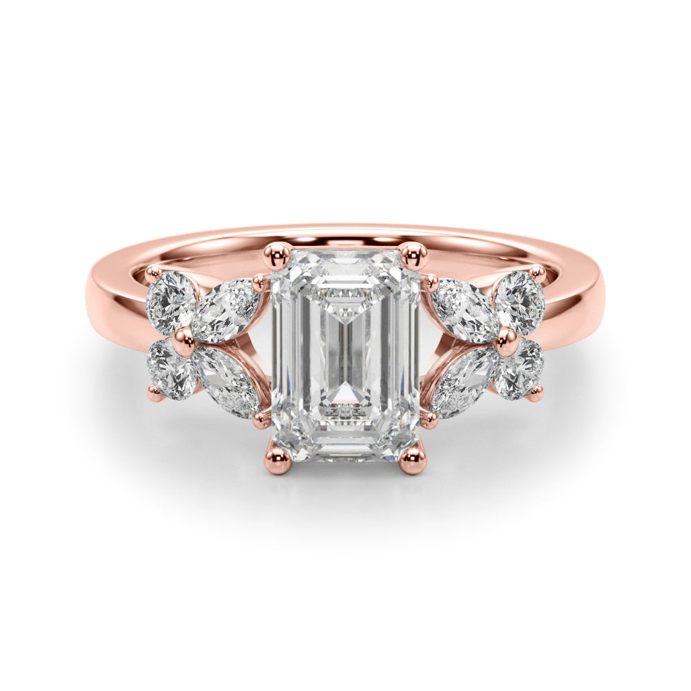 Crowned Ec Center Mq & Rd Sides Emerald Diamond Engagement Ring in 10K/14K gold and platinum with certified lab-grown or natural diamonds