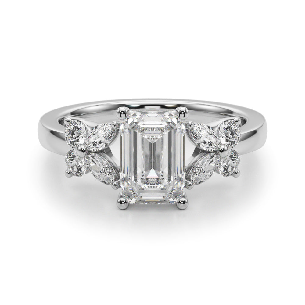 Crowned Ec Center Mq & Rd Sides Emerald Diamond Engagement Ring in 10K/14K gold and platinum with certified lab-grown or natural diamonds