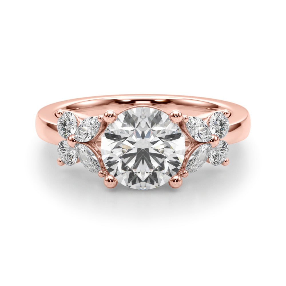 Graceful Rd Center Mq & Rd Sides Round Diamond Engagement Ring in 10K/14K gold and platinum with certified lab-grown or natural diamonds