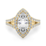 Dazzling Halo Mq Center Split Shank Marquise Diamond Engagement Ring in 10K/14K gold and platinum with certified lab-grown or natural diamonds
