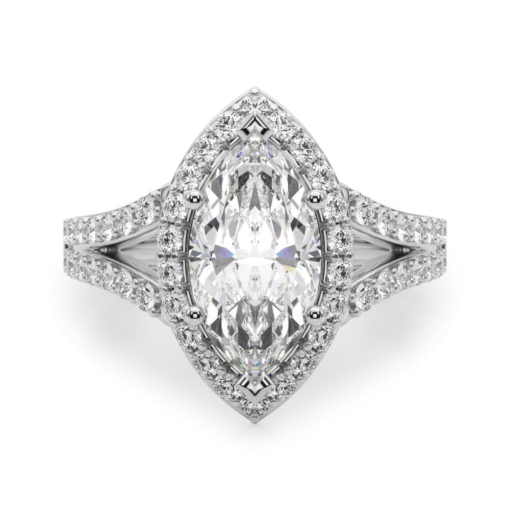 Dazzling Halo Mq Center Split Shank Marquise Diamond Engagement Ring in 10K/14K gold and platinum with certified lab-grown or natural diamonds