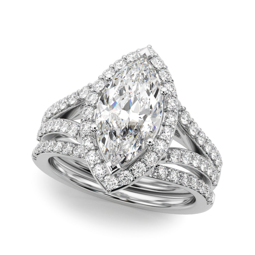 Dazzling Halo Mq Center Split Shank Marquise Diamond Engagement Ring in 10K/14K gold and platinum with certified lab-grown or natural diamonds
