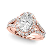 Splendid Halo Oval Center Split Shank Oval Diamond Engagement Ring in 10K/14K gold and platinum with certified lab-grown or natural diamonds