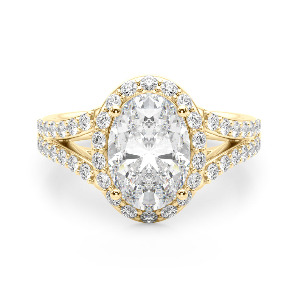 Splendid Halo Oval Center Split Shank Oval Diamond Engagement Ring in 10K/14K gold and platinum with certified lab-grown or natural diamonds