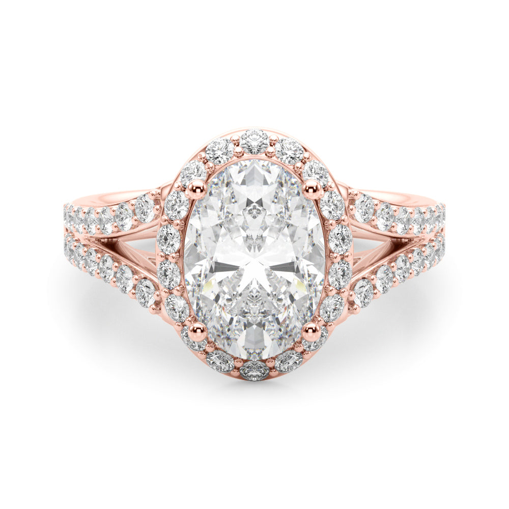 Splendid Halo Oval Center Split Shank Oval Diamond Engagement Ring in 10K/14K gold and platinum with certified lab-grown or natural diamonds