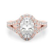 Splendid Halo Oval Center Split Shank Oval Diamond Engagement Ring in 10K/14K gold and platinum with certified lab-grown or natural diamonds